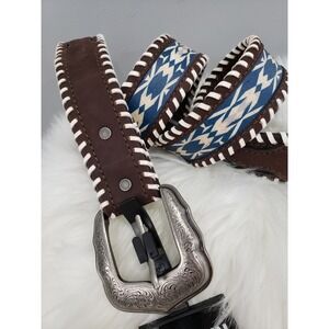 NEW - Size 42 - RANK 45 Men's Dallas Southwestern Print‎ Inlay Belt Blue Leather